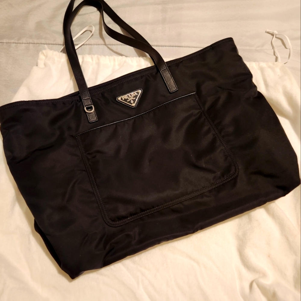 Prada Black Nylon Tote with Leather Straps